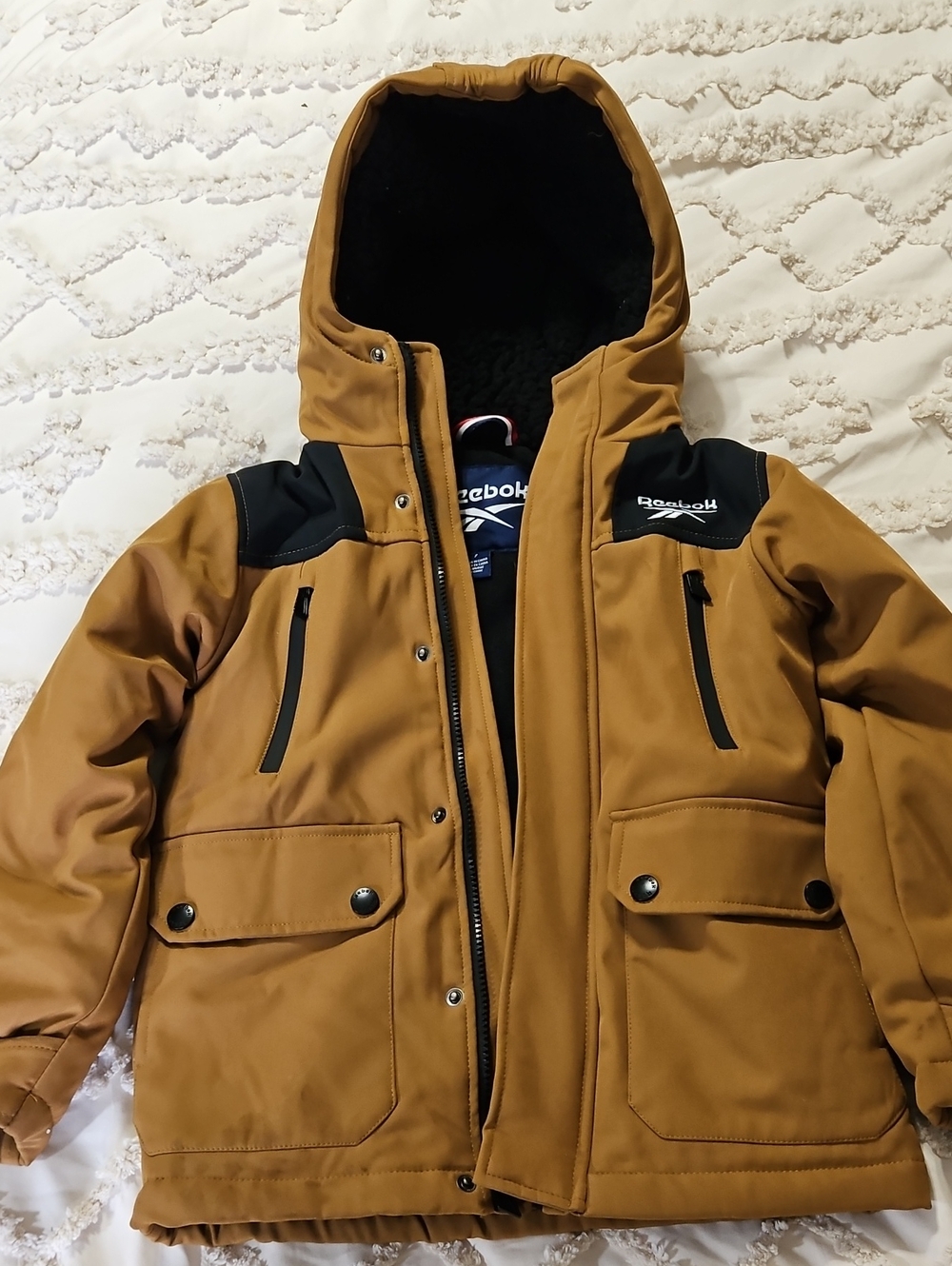 Reebok Men's Brown Hooded Puffer Jacket with Black Accents